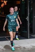 7 April 2023; Denise O'Sullivan, left, and Katie McCabe during a Republic of Ireland women training session at Q2 Stadium in Austin, Texas, USA. Photo by Stephen McCarthy/Sportsfile