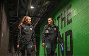 7 April 2023; Goalkeeper Grace Moloney, left, and Goalkeeper Megan Walsh during a Republic of Ireland women training session at Q2 Stadium in Austin, Texas, USA. Photo by Stephen McCarthy/Sportsfile