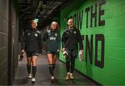 7 April 2023; Republic of Ireland players, from left, Kyra Carusa, Heather Payne and Goalkeeper Courtney Brosnan during a Republic of Ireland women training session at Q2 Stadium in Austin, Texas, USA. Photo by Stephen McCarthy/Sportsfile