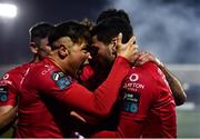 7 April 2023; Stefan Radosavljevic, right, of Sligo Rovers celebrates with teammates, including Kailin Barlow after scoring their side's second goal during the SSE Airtricity Men's Premier Division match between Dundalk and Sligo Rovers at Oriel Park in Dundalk, Louth. Photo by Ben McShane/Sportsfile