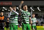 7 April 2023; Dylan Watts of Shamrock Rovers, left, and teammate Lee Grace celebrate after their side's victory in the SSE Airtricity Men's Premier Division match between Bohemians and Shamrock Rovers at Dalymount Park in Dublin. Photo by Seb Daly/Sportsfile