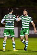7 April 2023; Roberto Lopes of Shamrock Rovers, right, celebrates with teammate Neil Farrugia after their side's victory  during the SSE Airtricity Men's Premier Division match between Bohemians and Shamrock Rovers at Dalymount Park in Dublin. Photo by Seb Daly/Sportsfile