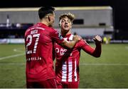 7 April 2023; Kailin Barlow, right, and Max Mata of Sligo Rovers celebrate at the final whistle of the SSE Airtricity Men's Premier Division match between Dundalk and Sligo Rovers at Oriel Park in Dundalk, Louth. Photo by Ben McShane/Sportsfile