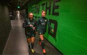 7 April 2023; Alannah McEvoy, left, and Jessie Stapleton arrive to a Republic of Ireland women training session at Q2 Stadium in Austin, Texas, USA. Photo by Stephen McCarthy/Sportsfile