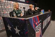 7 April 2023; Denise O'Sullivan, left, and manager Vera Pauw during a Republic of Ireland women press conference in Austin, Texas ahead of their side's international friendly double header series against USA. Photo by Stephen McCarthy/Sportsfile