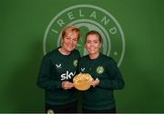 7 April 2023; Denise O'Sullivan with manager Vera Pauw after receiving her 100th Republic of Ireland cap at the team hotel in Austin, Texas, USA. Photo by Stephen McCarthy/Sportsfile
