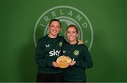 7 April 2023; Denise O'Sullivan with Katie McCabe, left, after receiving her 100th Republic of Ireland cap at the team hotel in Austin, Texas, USA. Photo by Stephen McCarthy/Sportsfile