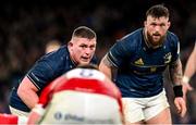 7 April 2023; Tadhg Furlong, left, and Andrew Porter of Leinster during the Heineken Champions Cup quarter-final match between Leinster and Leicester Tigers at the Aviva Stadium in Dublin. Photo by Ramsey Cardy/Sportsfile