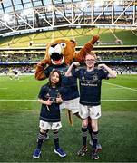 7 April 2023; Match day mascots Max Lawlor and Max Quinlan with Leinster mascot Leo the Lion during the Activities at the Heineken Champions Cup Quarter-Final match between Leinster and Leicester Tigers at Aviva Stadium in Dublin. Photo by Harry Murphy/Sportsfile