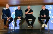 7 April 2023; MC Hugh Cahill, right, with Jonathan Sexton, Denis Hickie and Mike Ruddock during a Q & A before the Heineken Champions Cup Quarter-Final match between Leinster and Leicester Tigers at Aviva Stadium in Dublin. Photo by Ramsey Cardy/Sportsfile