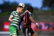 7 April 2023; Sean Hoare of Shamrock Rovers in action against Jonathan Afolabi of Bohemians during the SSE Airtricity Men's Premier Division match between Bohemians and Shamrock Rovers at Dalymount Park in Dublin. Photo by Seb Daly/Sportsfile