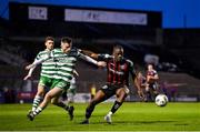 7 April 2023; Jonathan Afolabi of Bohemians in action against Jack Byrne of Shamrock Rovers during the SSE Airtricity Men's Premier Division match between Bohemians and Shamrock Rovers at Dalymount Park in Dublin. Photo by Seb Daly/Sportsfile