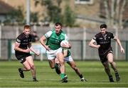 8 April 2023; James Gallagher of London in action against Evan Lyons, left, and Nathan Mullen of Sligo during the Connacht GAA Football Senior Championship Quarter-Final match between London and Sligo at McGovern Park in Ruislip, London. Photo by Matt Impey/Sportsfile