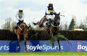8 April 2023; Instit, right, with Danny Mullins up, jumps the last on their way to winning the BoyleSports Mares Novice Steeplechase, from second place Allegorie De Vassy, left, with Paul Townend up, on day one of the Fairyhouse Easter Festival at Fairyhouse Racecourse in Ratoath, Meath. Photo by Seb Daly/Sportsfile