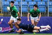 8 April 2023; Gene O'Leary Kareem of Ireland is tackled by Hector Patterson of Scotland during the U18 Six Nations Festival match between Ireland and Scotland at Energia Park in Dublin. Photo by Harry Murphy/Sportsfile