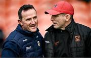 8 April 2023; Antrim manager Andy McEntee, left, and Armagh manager Kieran McGeeney before the Ulster GAA Football Senior Championship preliminary round match between Armagh and Antrim at Box-It Athletic Grounds in Armagh. Photo by Ramsey Cardy/Sportsfile