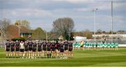 8 April 2023; The two teams lined up for the plaing of their national anthems before the Connacht GAA Football Senior Championship Quarter-Final match between London and Sligo at McGovern Park in Ruislip, London. Photo by Matt Impey/Sportsfile