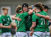 8 April 2023; James Wyse and Luke Murphy of Ireland embrace after their side's victory in the U18 Six Nations Festival match between Ireland and Scotland at Energia Park in Dublin. Photo by Harry Murphy/Sportsfile