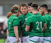 8 April 2023; Ireland players, from left, James Wyse, Emmet Calvey and Oisin Minogue after their side's victory in the U18 Six Nations Festival match between Ireland and Scotland at Energia Park in Dublin. Photo by Harry Murphy/Sportsfile