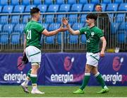 8 April 2023; Oisin Minogue and Paidi Farrell of Ireland after their side's victory in the U18 Six Nations Festival match between Ireland and Scotland at Energia Park in Dublin. Photo by Harry Murphy/Sportsfile