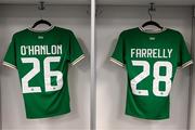 8 April 2023; The Republic of Ireland jerseys of Tara O'Hanlon, left, and Sinead Farrell hang in the dressing room before the women's international friendly match between USA and Republic of Ireland at the Q2 Stadium in Austin, Texas. Photo by Stephen McCarthy/Sportsfile
