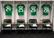 8 April 2023; The Republic of Ireland jerseys of, from left, Marissa Sheva, Aoife Mannion, Tara O'Hanlon and Sinead Farrelly hang in the dressing room before the women's international friendly match between USA and Republic of Ireland at the Q2 Stadium in Austin, Texas. Photo by Stephen McCarthy/Sportsfile