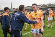 8 April 2023; Antrim manager Andy McEntee, left, and Ruairí McCann of Antrim after their side's defeat in the Ulster GAA Football Senior Championship preliminary round match between Armagh and Antrim at Box-It Athletic Grounds in Armagh. Photo by Ramsey Cardy/Sportsfile