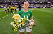 8 April 2023; Republic of Ireland captain Denise O'Sullivan is presented with a bouquet of flowers and a gold cap in recognition of earning her 100th cap before the women's international friendly match between USA and Republic of Ireland at the Q2 Stadium in Austin, Texas. Photo by Stephen McCarthy/Sportsfile