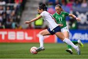 8 April 2023; Sophia Smith of United States in action against Katie McCabe of Republic of Ireland during the women's international friendly match between USA and Republic of Ireland at the Q2 Stadium in Austin, Texas. Photo by Stephen McCarthy/Sportsfile