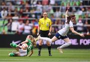 8 April 2023; Megan Connolly of Republic of Ireland in action against Rose Lavelle of United States during the women's international friendly match between USA and Republic of Ireland at the Q2 Stadium in Austin, Texas. Photo by Stephen McCarthy/Sportsfile