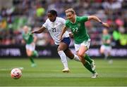8 April 2023; Kyra Carusa of Republic of Ireland in action against Naomi Girma of United States during the women's international friendly match between USA and Republic of Ireland at the Q2 Stadium in Austin, Texas. Photo by Stephen McCarthy/Sportsfile
