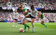 8 April 2023; Sophia Smith of United States in action against Kyra Carusa of Republic of Ireland during the women's international friendly match between USA and Republic of Ireland at the Q2 Stadium in Austin, Texas. Photo by Stephen McCarthy/Sportsfile