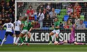 8 April 2023; Republic of Ireland goalkeeper Courtney Brosnan saves a shot on goal during the women's international friendly match between USA and Republic of Ireland at the Q2 Stadium in Austin, Texas. Photo by Brendan Moran/Sportsfile