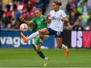 8 April 2023; Trinity Rodman of United States in action against Katie McCabe of Republic of Ireland during the women's international friendly match between USA and Republic of Ireland at the Q2 Stadium in Austin, Texas. Photo by Brendan Moran/Sportsfile