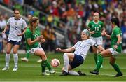 8 April 2023; Julie Ertz of United States in action against Kyra Carusa, left, and Marissa Sheva of Republic of Ireland during the women's international friendly match between USA and Republic of Ireland at the Q2 Stadium in Austin, Texas. Photo by Brendan Moran/Sportsfile