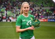 8 April 2023; Tara O'Hanlon of Republic of Ireland with her first cap after the women's international friendly match between USA and Republic of Ireland at the Q2 Stadium in Austin, Texas. Photo by Stephen McCarthy/Sportsfile