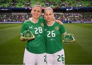 8 April 2023; Republic of Ireland players, Sinead Farrelly, left, and Tara O'Hanlon with their first caps after the women's international friendly match between USA and Republic of Ireland at the Q2 Stadium in Austin, Texas. Photo by Stephen McCarthy/Sportsfile