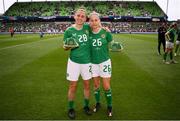 8 April 2023; Republic of Ireland players, Sinead Farrelly, left, and Tara O'Hanlon with their first caps after the women's international friendly match between USA and Republic of Ireland at the Q2 Stadium in Austin, Texas. Photo by Stephen McCarthy/Sportsfile