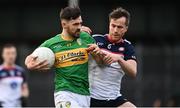 8 April 2023; Mark Plunkett of Leitrim in action against Robert Wharton of New York during the Connacht GAA Football Senior Championship quarter-final match between New York and Leitrim at Gaelic Park in New York, USA. Photo by David Fitzgerald/Sportsfile