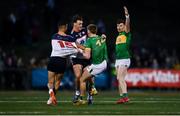 8 April 2023; Adam Reynolds of Leitrim tussles with Daniel O'Sullivan, left, and Gavin O'Brien of New York during the Connacht GAA Football Senior Championship quarter-final match between New York and Leitrim at Gaelic Park in New York, USA. Photo by David Fitzgerald/Sportsfile