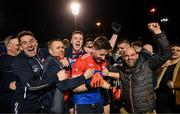 8 April 2023; Michael Cunningham of New York celebrates with supporters after the Connacht GAA Football Senior Championship quarter-final match between New York and Leitrim at Gaelic Park in New York, USA. Photo by David Fitzgerald/Sportsfile