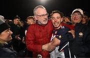 8 April 2023; Uachtarán Chumann Lúthchleas Gael Larry McCarthy celebrates with Shane Carthy of New York after the Connacht GAA Football Senior Championship quarter-final match between New York and Leitrim at Gaelic Park in New York, USA. Photo by David Fitzgerald/Sportsfile