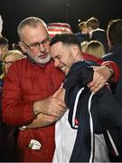 8 April 2023; Uachtarán Chumann Lúthchleas Gael Larry McCarthy celebrates with Shane Carthy of New York after the Connacht GAA Football Senior Championship quarter-final match between New York and Leitrim at Gaelic Park in New York, USA. Photo by David Fitzgerald/Sportsfile