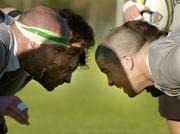 16 June 2004; The Irish front row, left, of John Hayes Shane Byrne and Reggie Corrigan about to engage with Marcus Horan, Frank Sheehan, and Simon Best during Ireland rugby squad training, Sea Point Rugby Club, Cape Town, South Africa. Picture credit; Matt Browne / SPORTSFILE