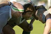 16 June 2004; The Irish front row, left, of John Hayes, Shane Byrne and Reggie Corrigan pictured during scrum training with Marcus Horan, Frank Sheehan and Simon Best during Ireland rugby squad training, Sea Point Rugby Club, Cape Town, South Africa. Picture credit; Matt Browne / SPORTSFILE