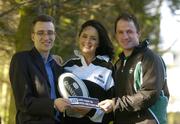 17 June 2004; Ireland and Ulster out-half David Humphreys who was named as Guinness Draught Can Irish Celtic League Player of the Month for April. Pictured with David is Ronan Beirne, Guinness Brand Manager and model Andrea Roche. Picture credit; Brendan Moran / SPORTSFILE