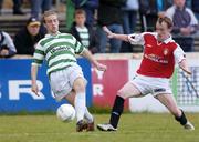 18 June 2004; Steven Gough, Shamrock Rovers, in action against Stephen Quigley, St. Patrick's Athletic. eircom league, Premier Division, Shamrock Rovers v St. Patrick's Athletic, Richmond Park, Dublin. Picture credit; Brian Lawless / SPORTSFILE
