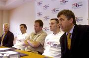 15 June 2004; At the announcement of Cross-Sport, a new telecoms business which is powered by Euphony, is from right to left John Welsh, Euphony consultant, Tipperary hurler Eoin Kelly, Cork footballer Colin Corkery, Galway footballer Padraic Joyce and Gerard Geary, Euphony consultant. Montrose Hotel, Belfield, Dublin. Picture credit; Damien Eagers / SPORTSFILE