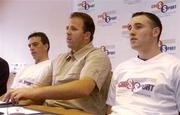 15 June 2004; At the announcement of Cross-Sport, a new telecoms business which is powered by Euphony, are from left to right, Galway footballer Padraic Joyce, Cork footballer Colin Corkery and Tipperary hurler Eoin Kelly. Montrose Hotel, Belfield, Dublin. Picture credit; Damien Eagers / SPORTSFILE