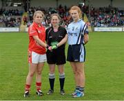 24 August 2013; Referee Yvonne Duffy with Cork captain Aisling Kelleher and Dublin captain Lauren Magee. Ladies All-Ireland U16 ‘A’ Championship Final, Cork v Dublin, St. Brendan's Park, Birr, Co. Offaly. Picture credit: Matt Browne / SPORTSFILE